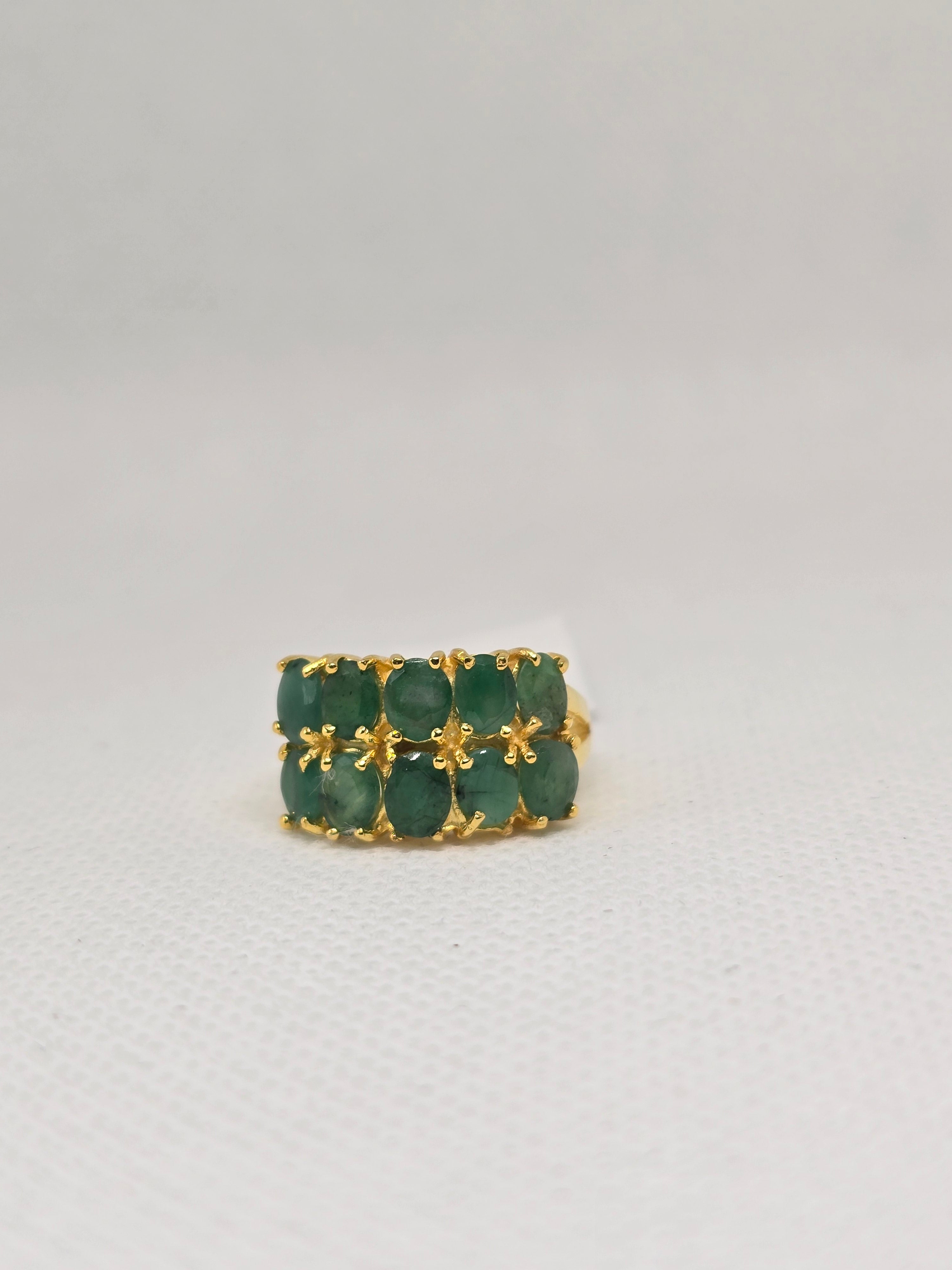 Natural Emerald Double-Row Cluster Ring – S925 Yellow Gold Plated