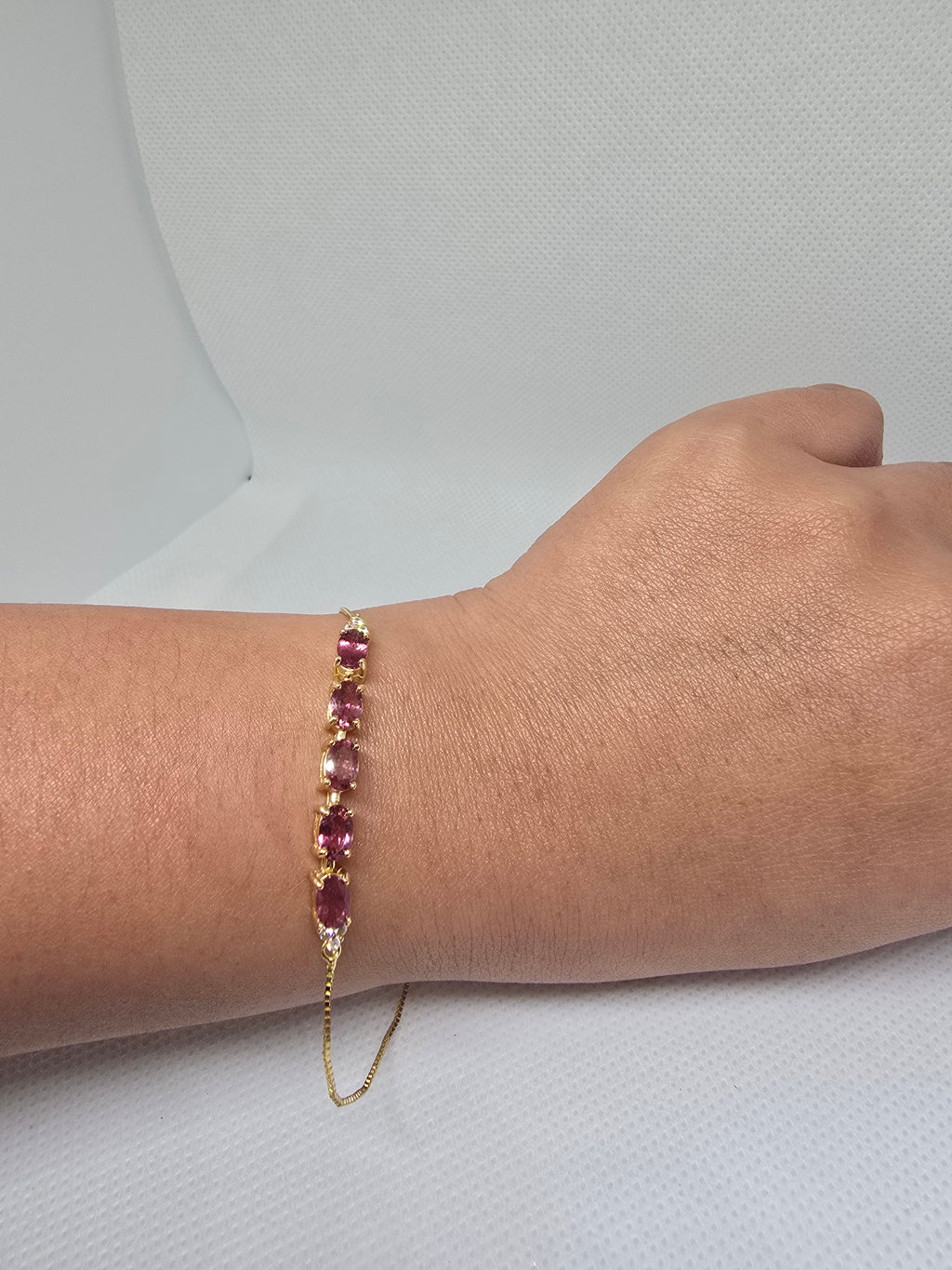 Natural Pink Tourmaline Adjustable Bolo Bracelet – S925 Yellow Gold Plated