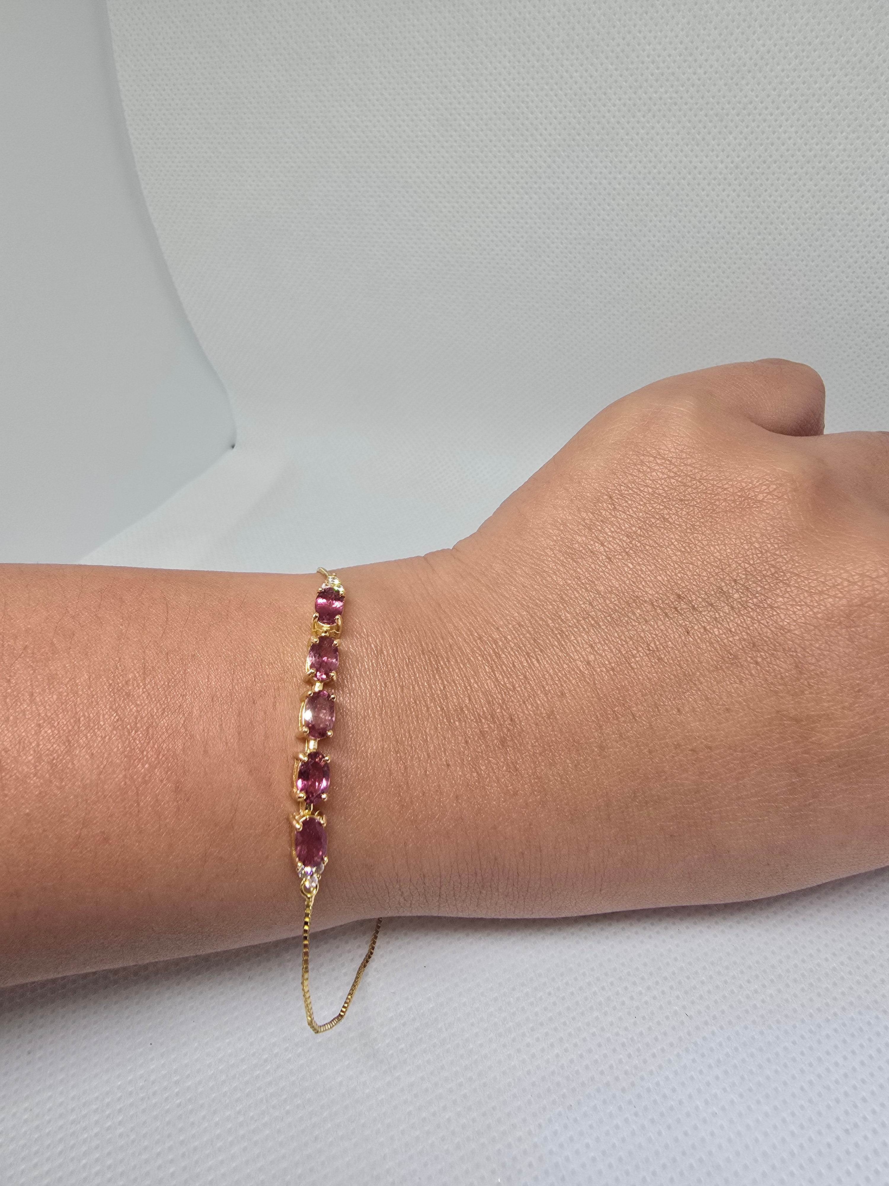 Natural Pink Tourmaline Adjustable Bolo Bracelet – S925 Yellow Gold Plated