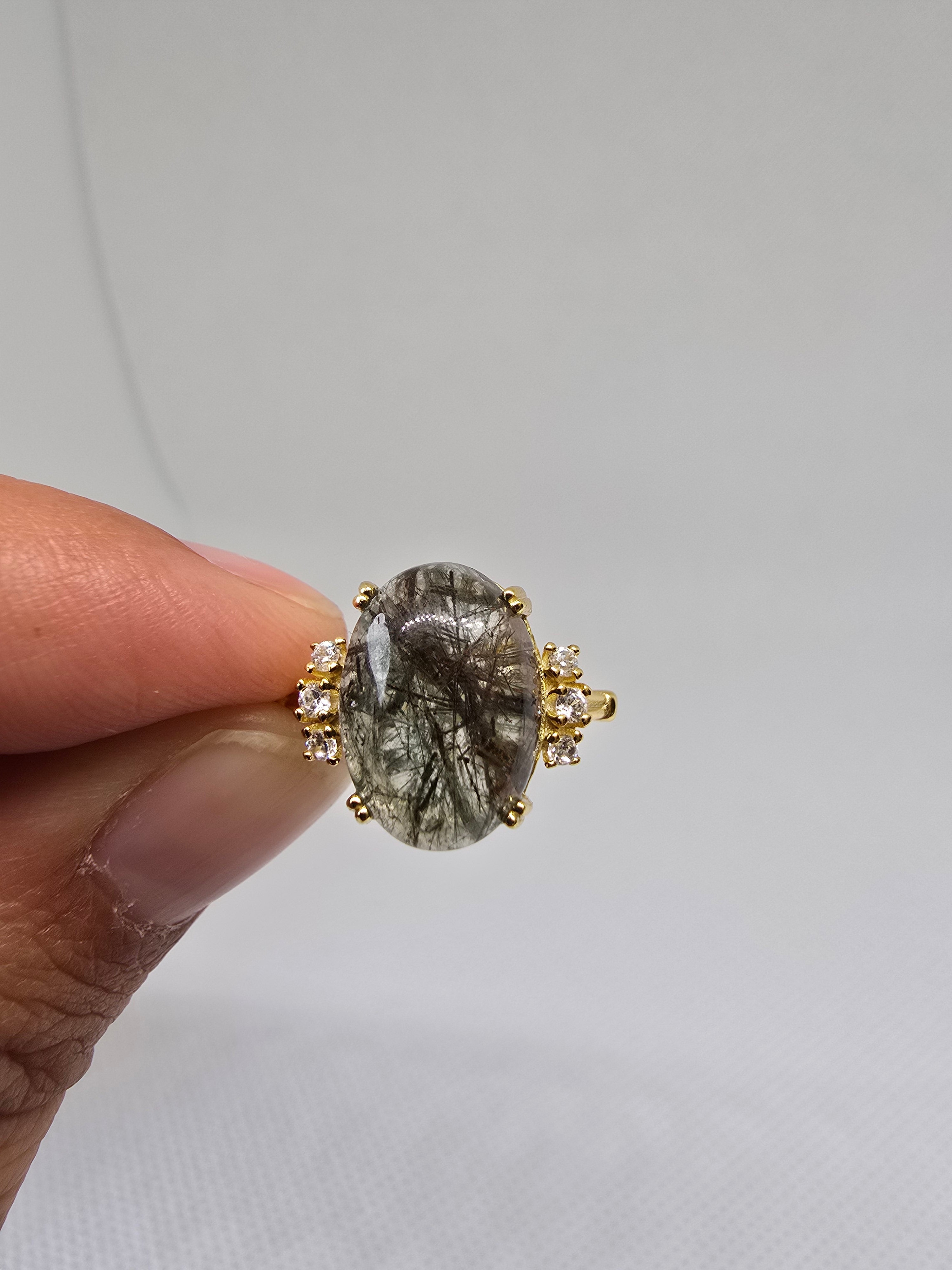 Natural Black Rutile Quartz Ring S925 Yellow Gold