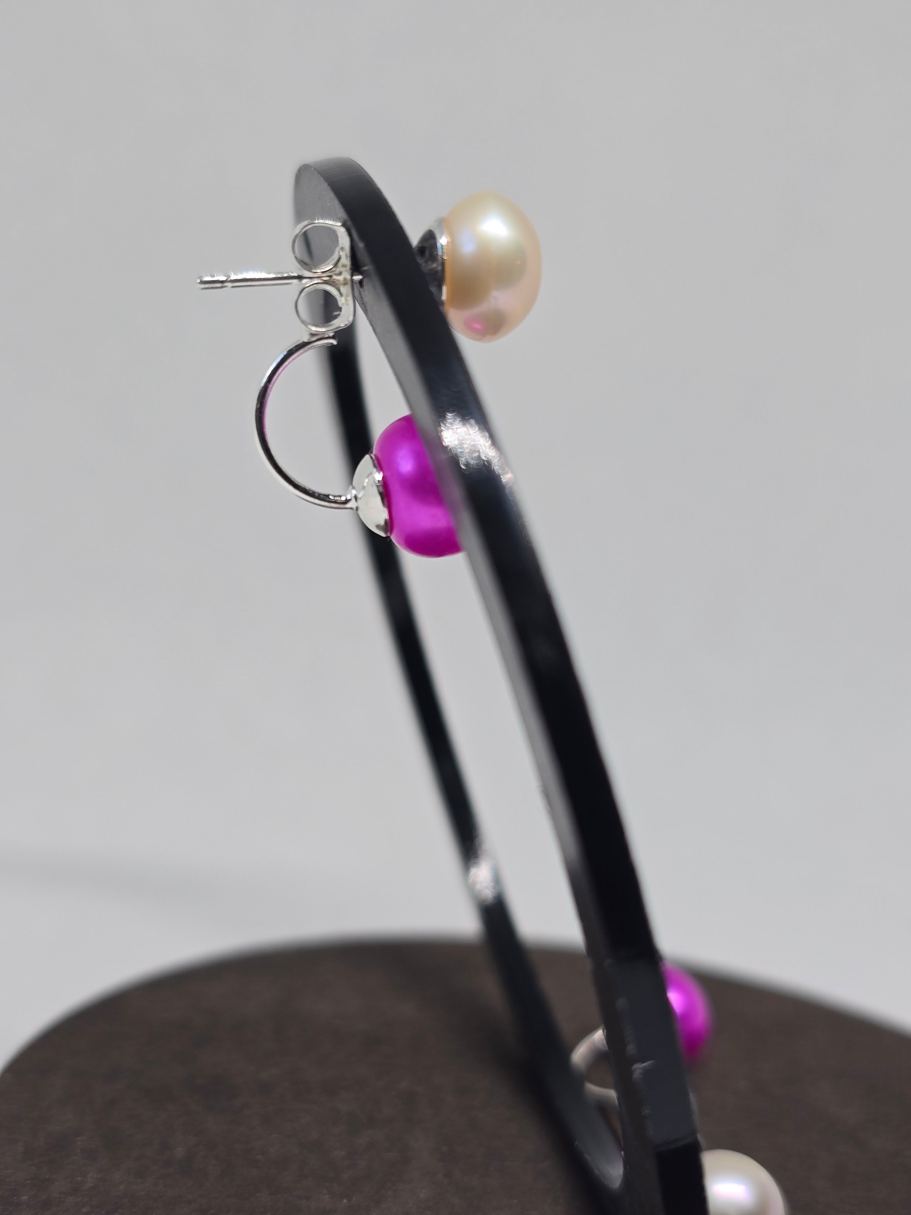 Double Pearl Drop Earrings — White & Fuchsia Freshwater Pearl