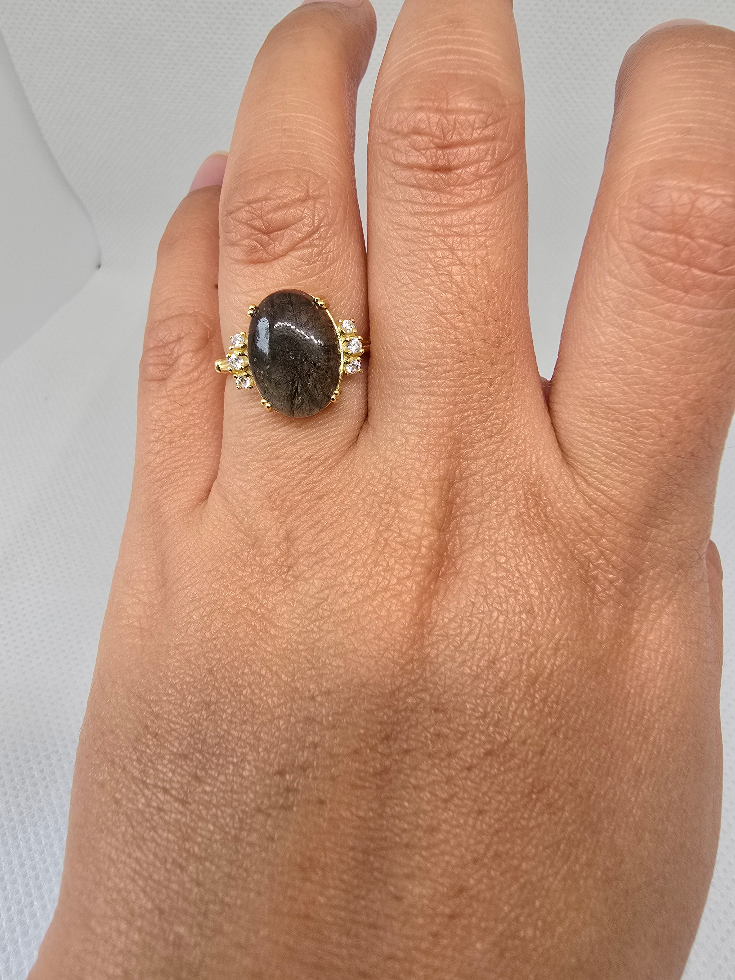 Natural Black Rutile Quartz Ring S925 Yellow Gold