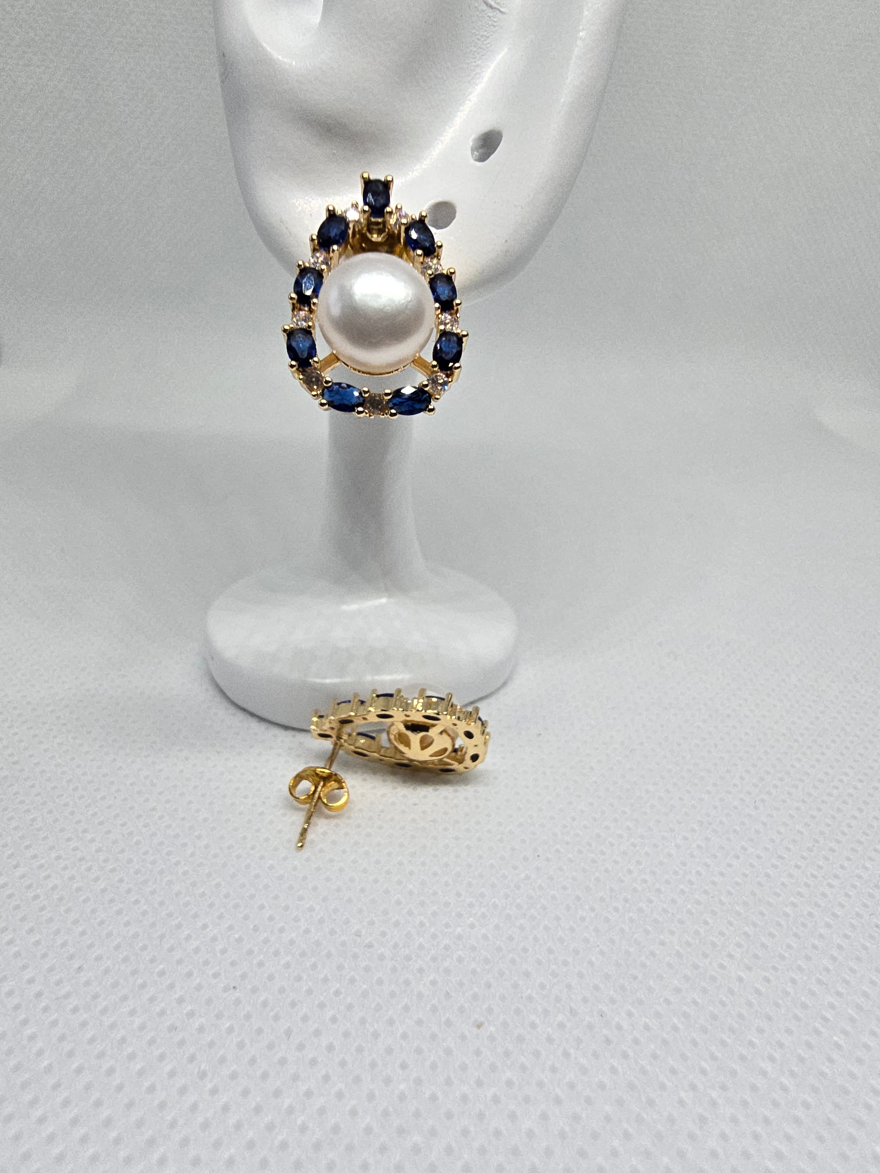 9.1mm Freshwater Pearl & Blue Sapphire Jewellery Set – Ring, Necklace & Earrings