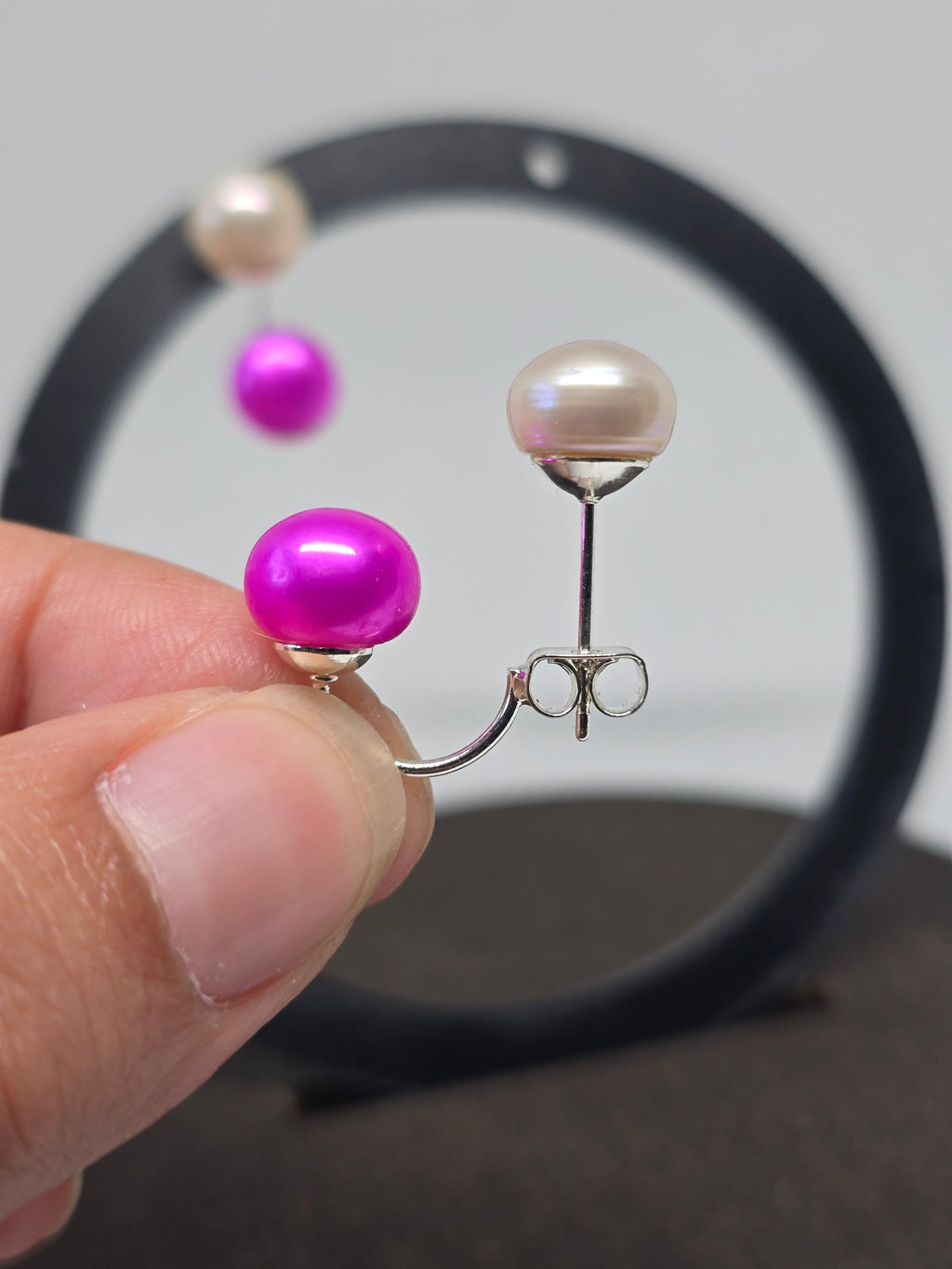 Double Pearl Drop Earrings — White & Fuchsia Freshwater Pearl
