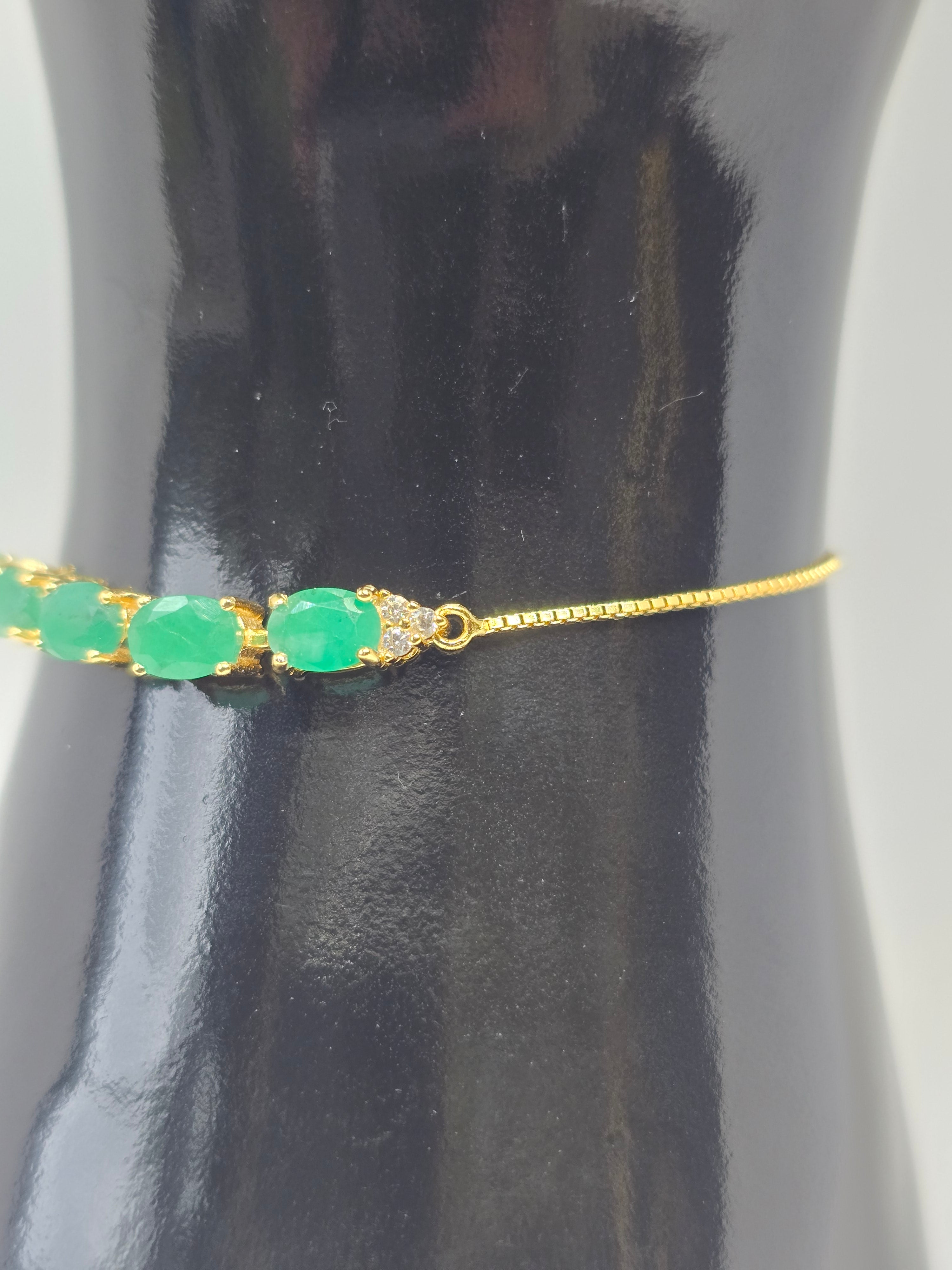 Natural Emerald Five-Stone Adjustable Bracelet – S925 Yellow Gold Plated