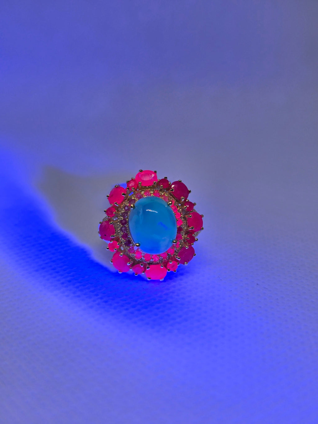 Blue Opal & Ruby Halo Ring – S925 Yellow Gold Plated