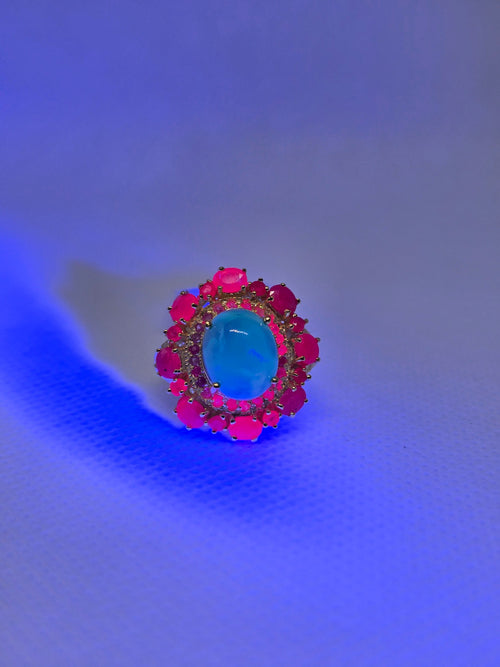 Blue Opal & Ruby Halo Ring – S925 Yellow Gold Plated